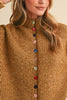 marled mustard and brown button down sweater with colorful button detailing