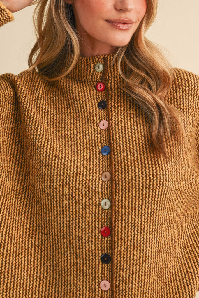 marled mustard and brown button down sweater with colorful button detailing