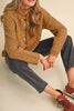 marled mustard and brown button down sweater with colorful button detailing