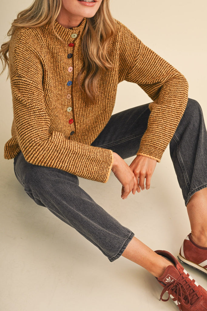 marled mustard and brown button down sweater with colorful button detailing
