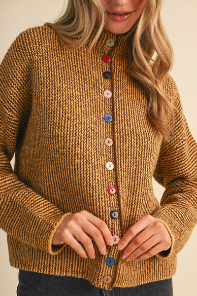 marled mustard and brown button down sweater with colorful button detailing
