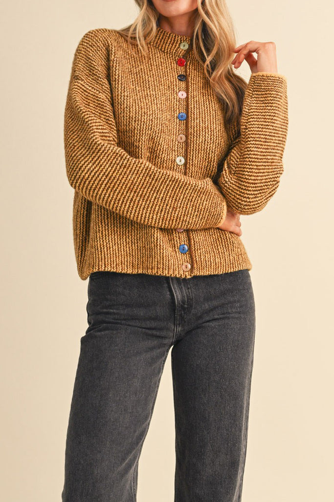 marled mustard and brown button down sweater with colorful button detailing