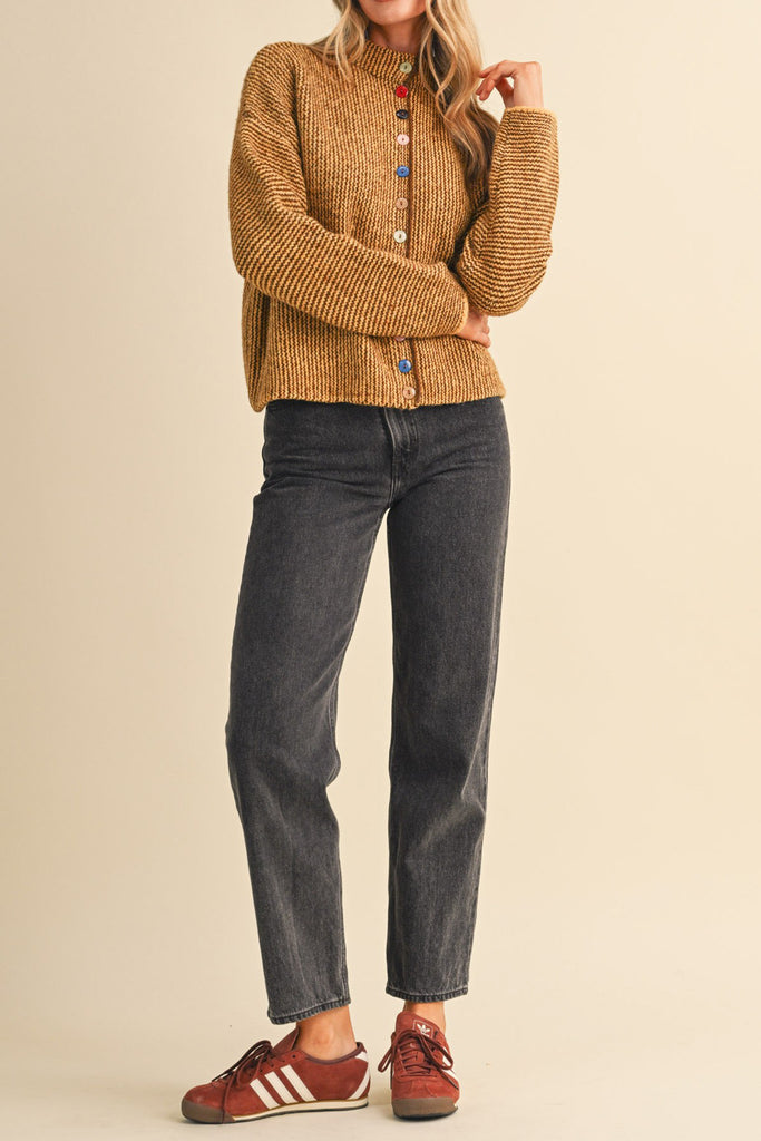 marled mustard and brown button down sweater with colorful button detailing