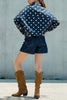navy blue zip up jacket with cute polka dots throughout