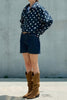 navy blue zip up jacket with cute polka dots throughout