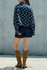 navy blue zip up jacket with cute polka dots throughout