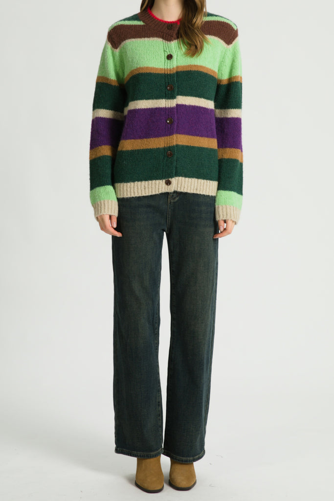 knit cardigan with a colorful striped design