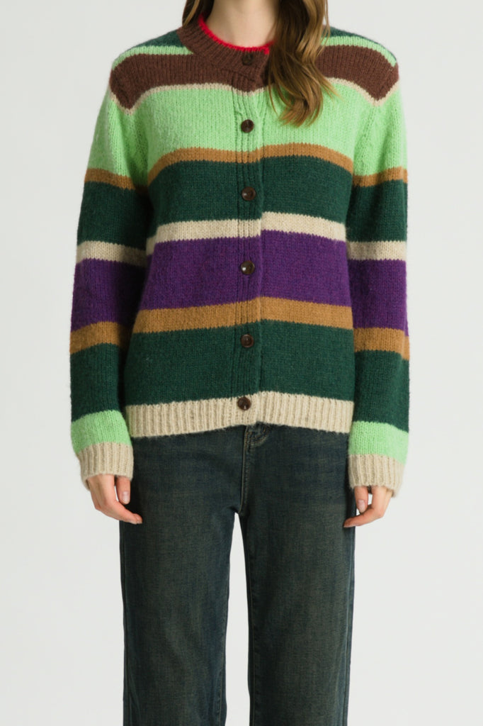 knit cardigan with a colorful striped design