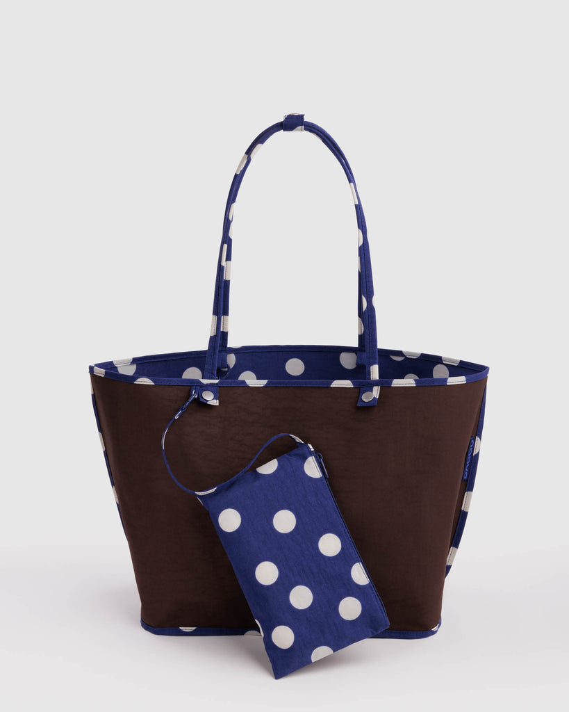 reversible nylon tote bag size large in navy polka dot mix from baggu