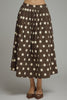 a-line midi skirt in chocolate brown with cute polka dots throughout