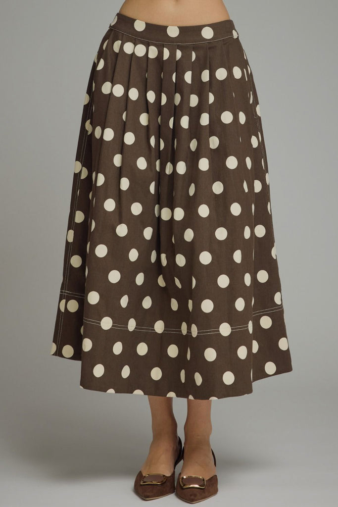 a-line midi skirt in chocolate brown with cute polka dots throughout