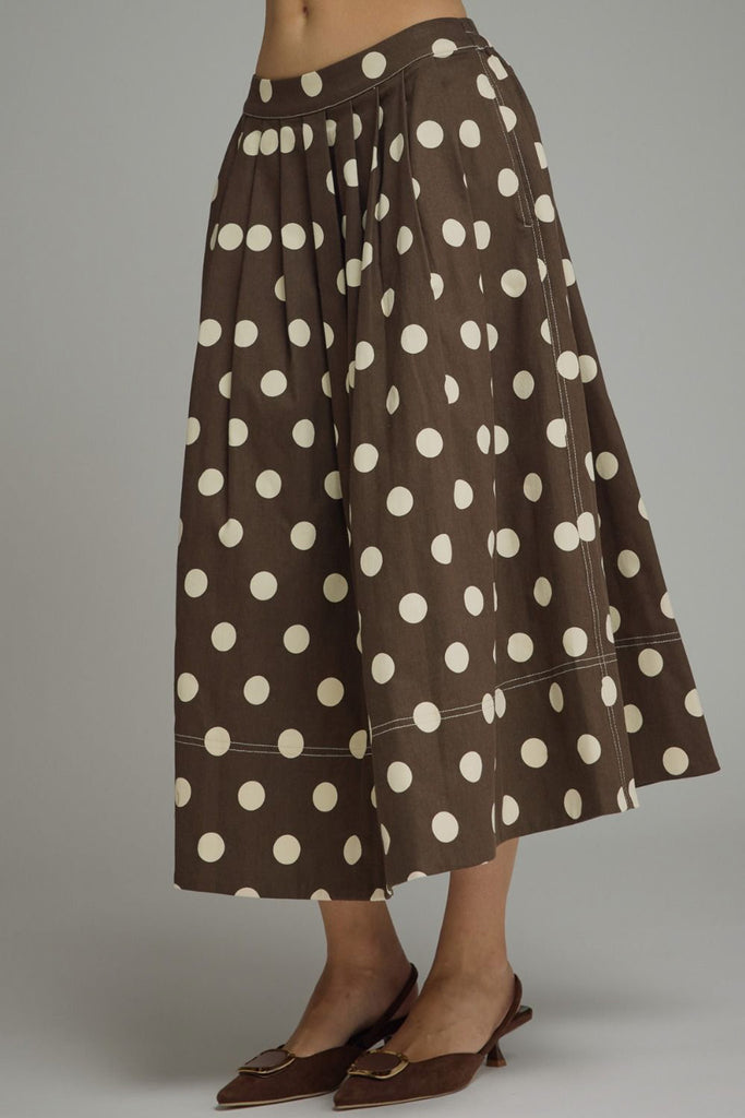 a-line midi skirt in chocolate brown with cute polka dots throughout