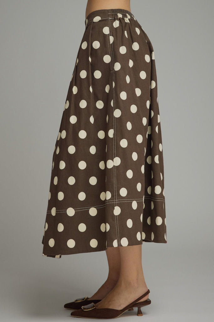 a-line midi skirt in chocolate brown with cute polka dots throughout
