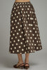 a-line midi skirt in chocolate brown with cute polka dots throughout