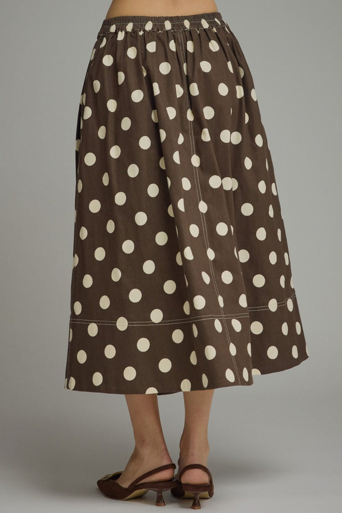a-line midi skirt in chocolate brown with cute polka dots throughout