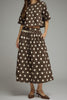 a-line midi skirt in chocolate brown with cute polka dots throughout