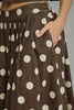 a-line midi skirt in chocolate brown with cute polka dots throughout