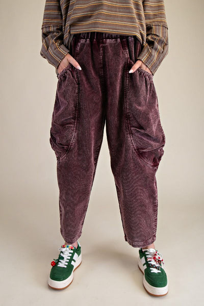 unique pull-on barrel pants in deep purple corduroy