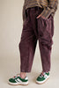 unique pull-on barrel pants in deep purple corduroy
