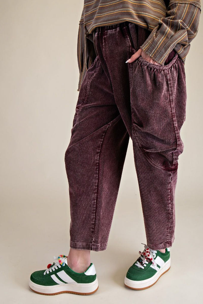 unique pull-on barrel pants in deep purple corduroy