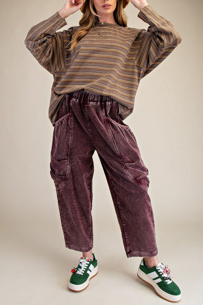 unique pull-on barrel pants in deep purple corduroy
