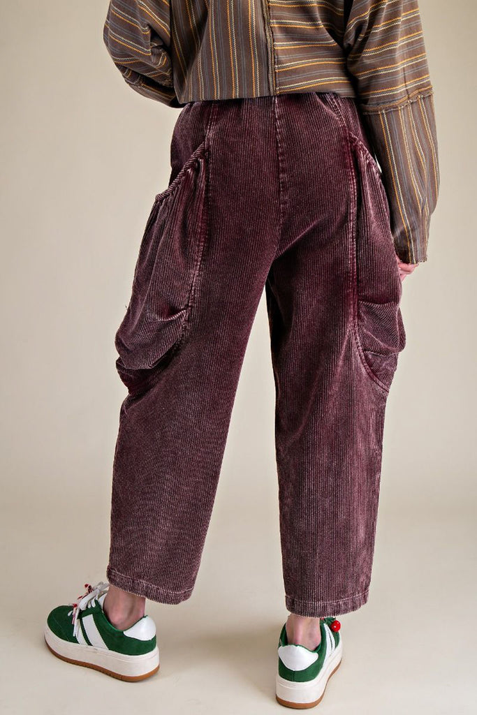 unique pull-on barrel pants in deep purple corduroy