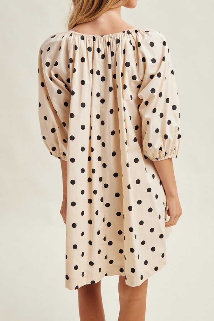 flowy mini dress in cream with cute black polka dots throughout