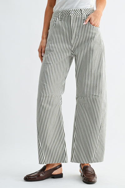 barrel leg jeans in special olive green and white stripes.