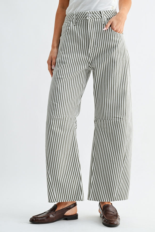 barrel leg jeans in special olive green and white stripes.