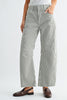 barrel leg jeans in special olive green and white stripes.