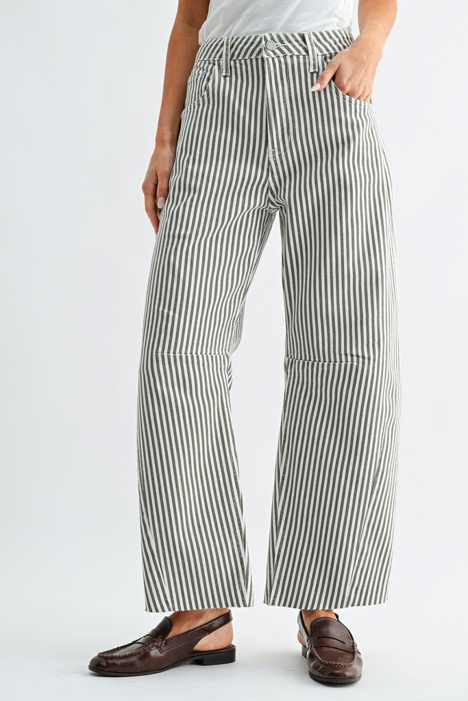 barrel leg jeans in special olive green and white stripes.