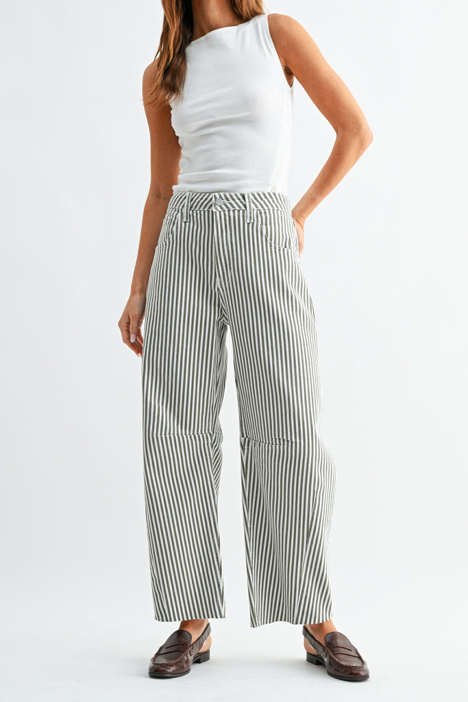 barrel leg jeans in special olive green and white stripes.