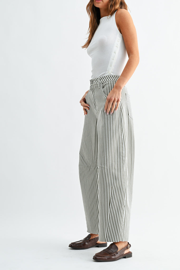 barrel leg jeans in special olive green and white stripes.