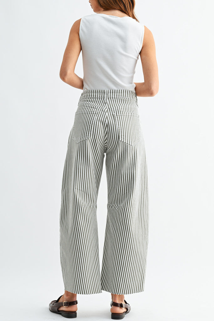 barrel leg jeans in special olive green and white stripes.
