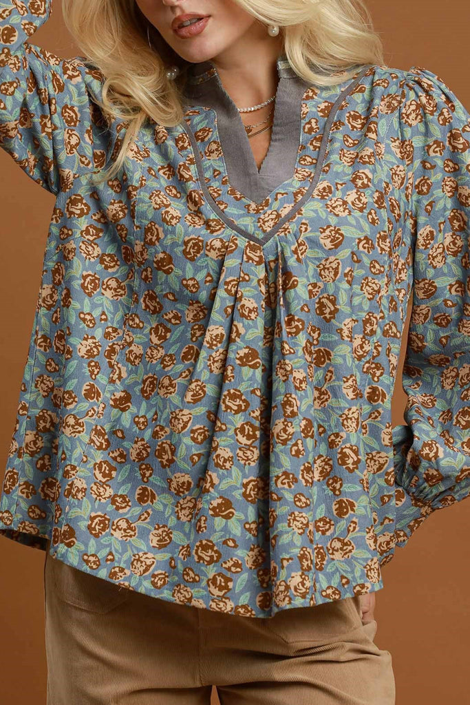 pretty floral blouse made from a grey-hued baby corduroy
