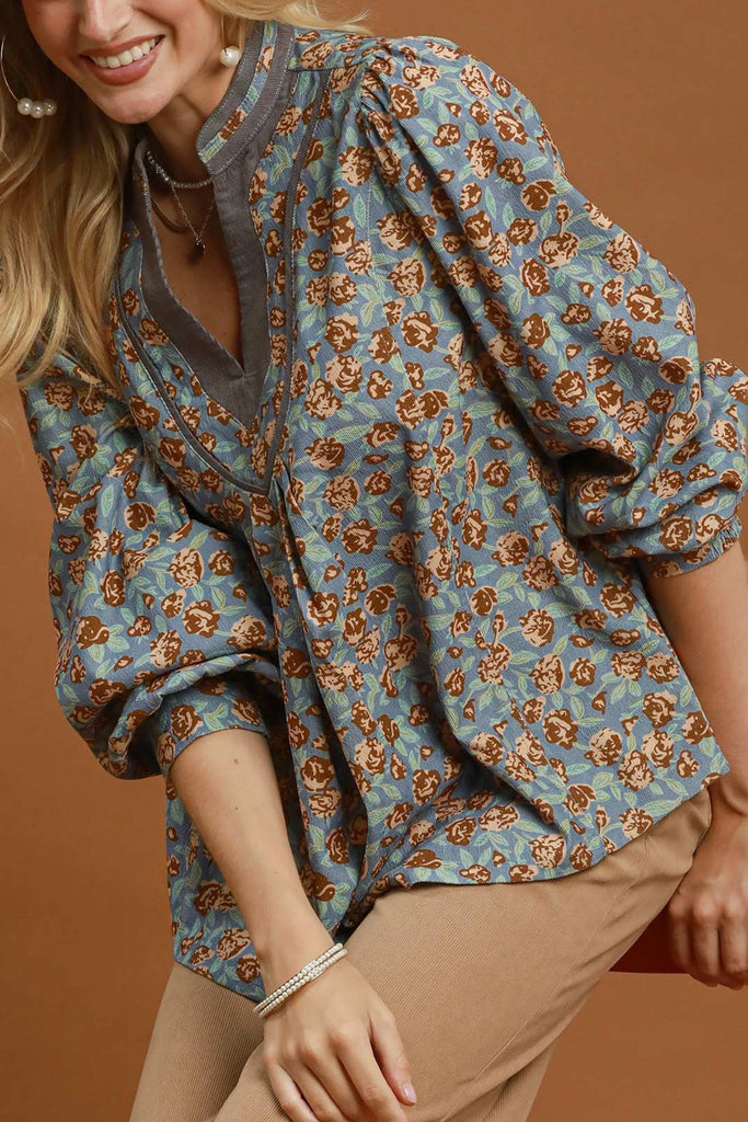 pretty floral blouse made from a grey-hued baby corduroy