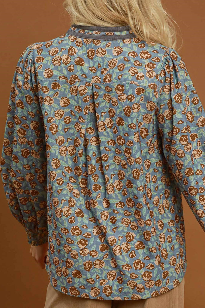 pretty floral blouse made from a grey-hued baby corduroy