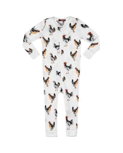 zippered pajamas made from organic cotton with a chicken patterned print