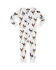 zippered pajamas made from organic cotton with a chicken patterned print