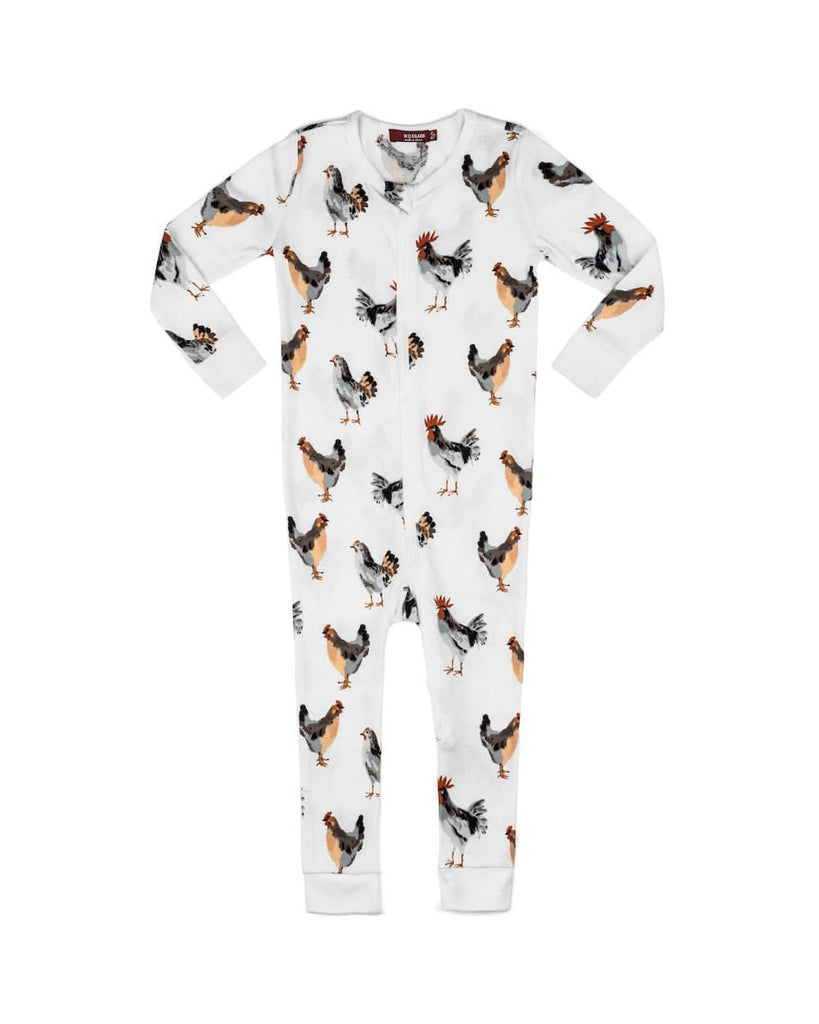 zippered pajamas made from organic cotton with a chicken patterned print