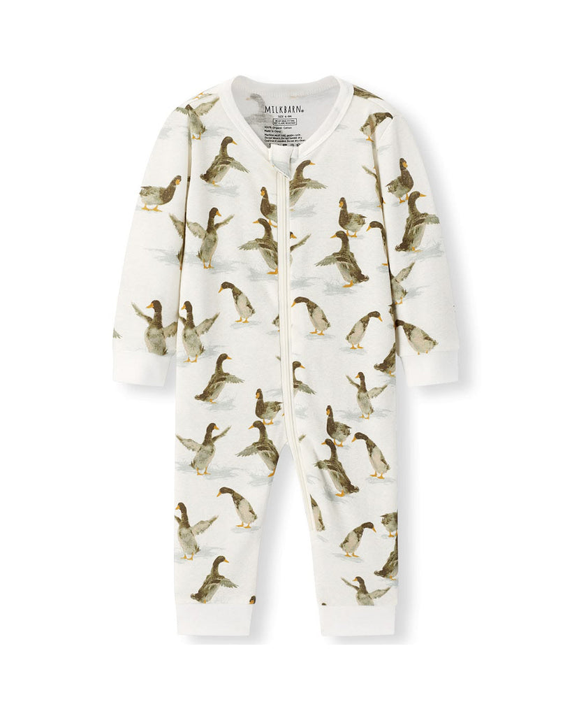 zippered pajamas made from organic cotton with a duck patterned print