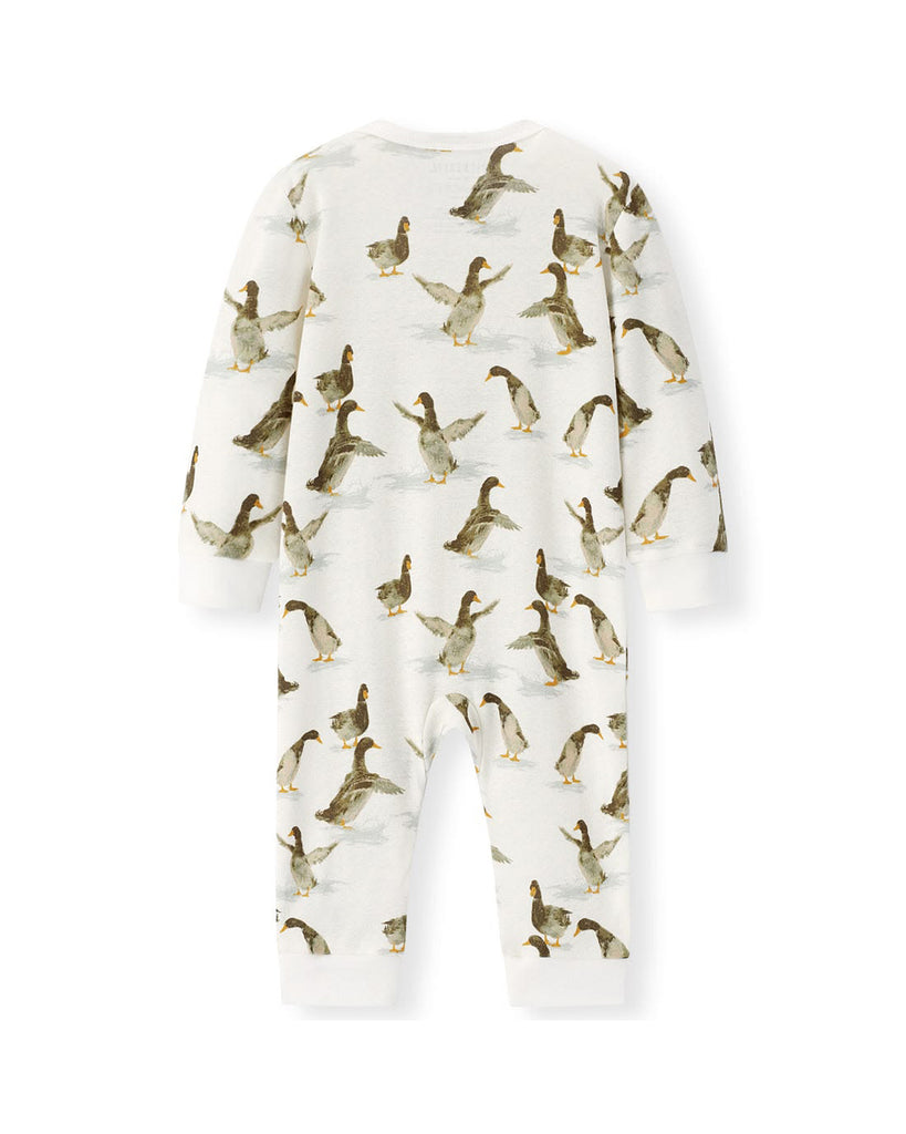 zippered pajamas made from organic cotton with a duck patterned print