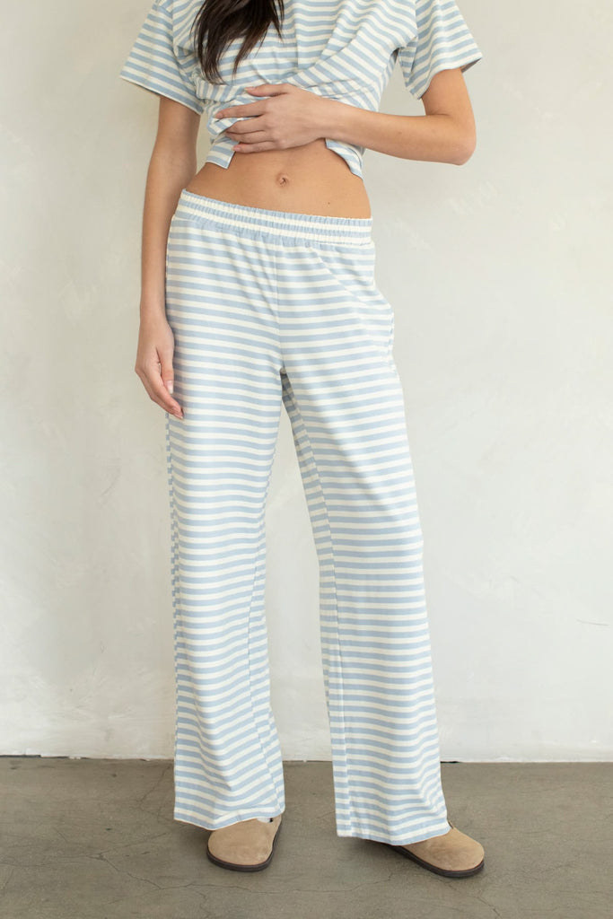 comfortable and soft lounge pants in sky blue and white stripes.