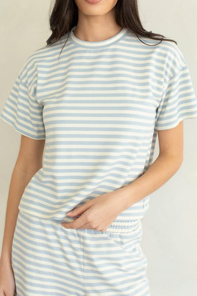 comfortable and soft tee in sky blue and white stripes.
