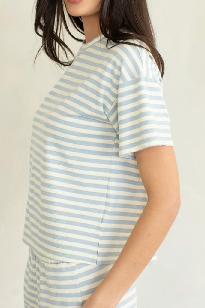 comfortable and soft tee in sky blue and white stripes.