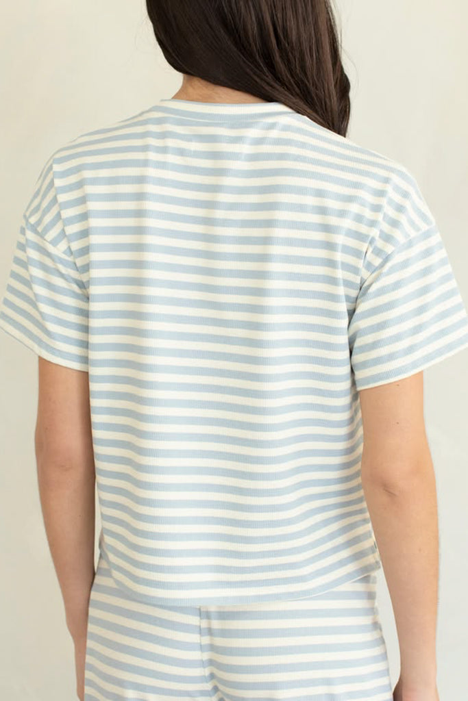 comfortable and soft tee in sky blue and white stripes.