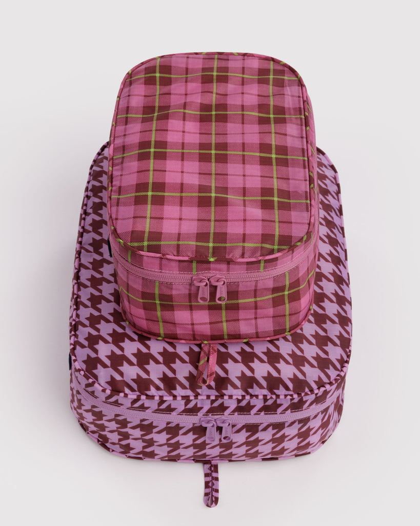 nylon packing cube set in colorful plaid prints