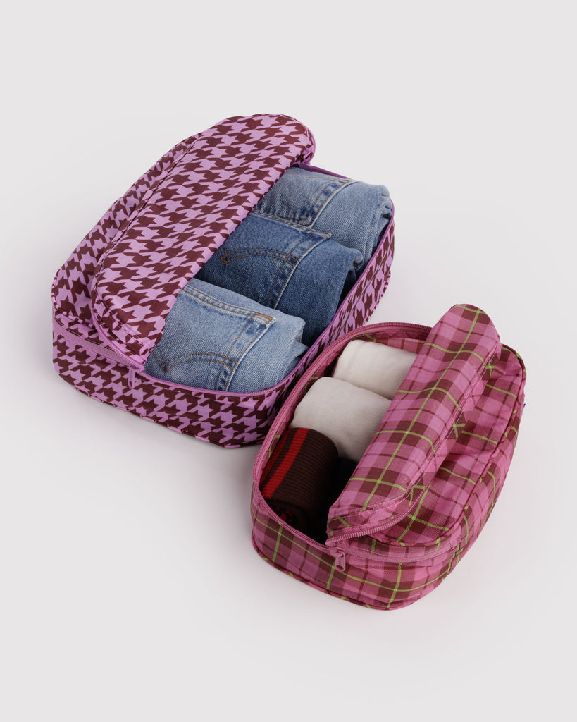 nylon packing cube set in colorful plaid prints