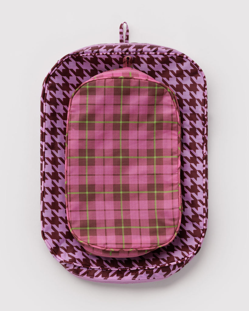 nylon packing cube set in colorful plaid prints
