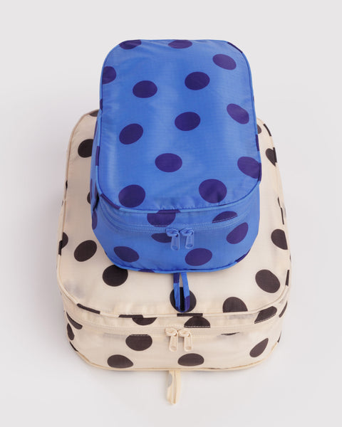 nylon packing cube set in colorful polka dot prints